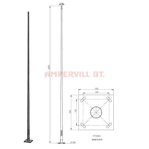 LÁMPAOSZLOP IS-HO-K-60/40/3 Horg.Acél 4m talplemezes